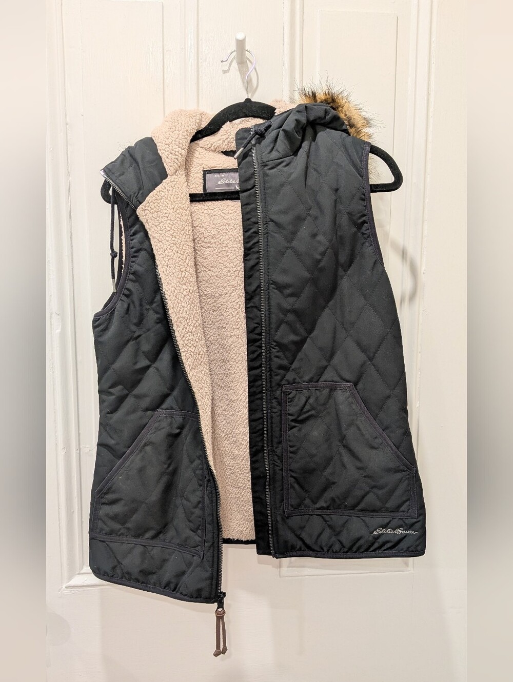 Eddie Bauer Black Quilted Sherpa-Lined Hooded Vest | Medium